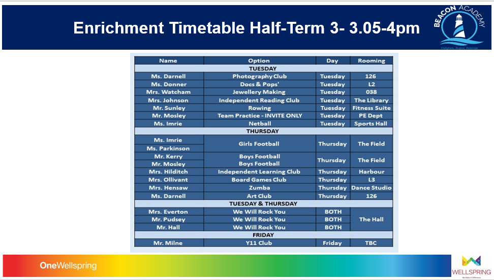 Enrichment timetable Half-Term 3
